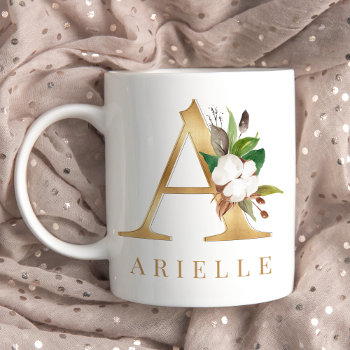 Watercolor Floral & Gold Letter A Monogram Coffee Mug by sweetbirdiestudio at Zazzle