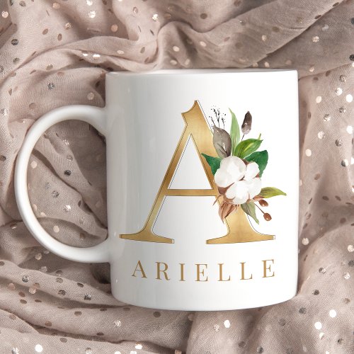 Watercolor Floral  Gold Letter A Monogram Coffee Mug