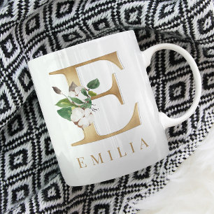 Watercolor Floral & Gold Letter E Monogram Coffee Mug