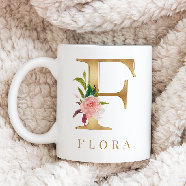 Watercolor Floral & Gold Letter F Monogram Coffee Mug (Creator Uploaded)