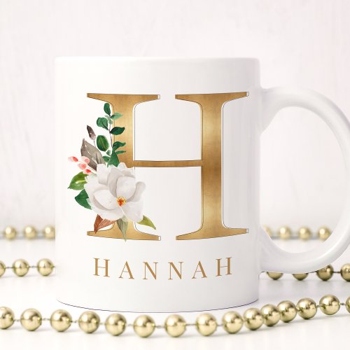 Watercolor Floral  Gold Letter H Monogram Coffee Mug