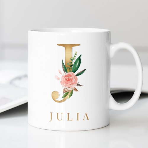 Watercolor Floral  Gold Letter J Monogram Coffee Mug