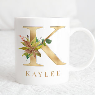 Watercolor Floral & Gold Letter K Monogram Coffee Mug