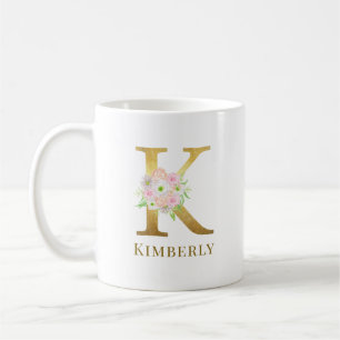 Watercolor Floral & Gold Letter K Monogram Coffee Mug