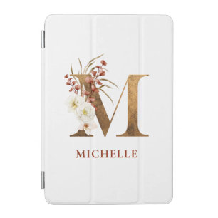 Watercolor Floral & Gold Letter M Monogram iPad Mini Cover