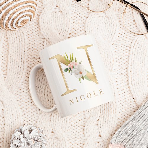 Watercolor Floral  Gold Letter N Monogram Coffee Mug