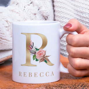 Watercolor Floral & Gold Letter R Monogram Coffee Mug