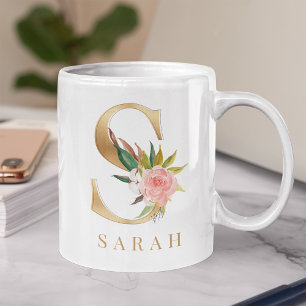 Watercolor Floral & Gold Letter S Monogram Coffee Mug