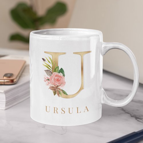 Watercolor Floral  Gold Letter U Monogram Coffee Mug