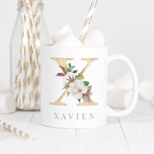 Watercolor Floral  Gold Letter X Monogram Coffee Mug