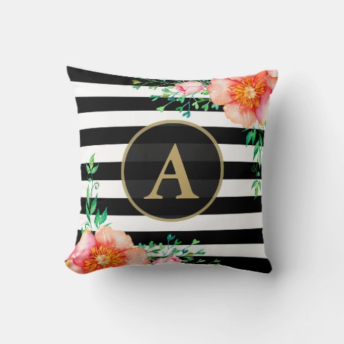 Watercolor Floral Gold Monogram Black White Stripe Throw Pillow