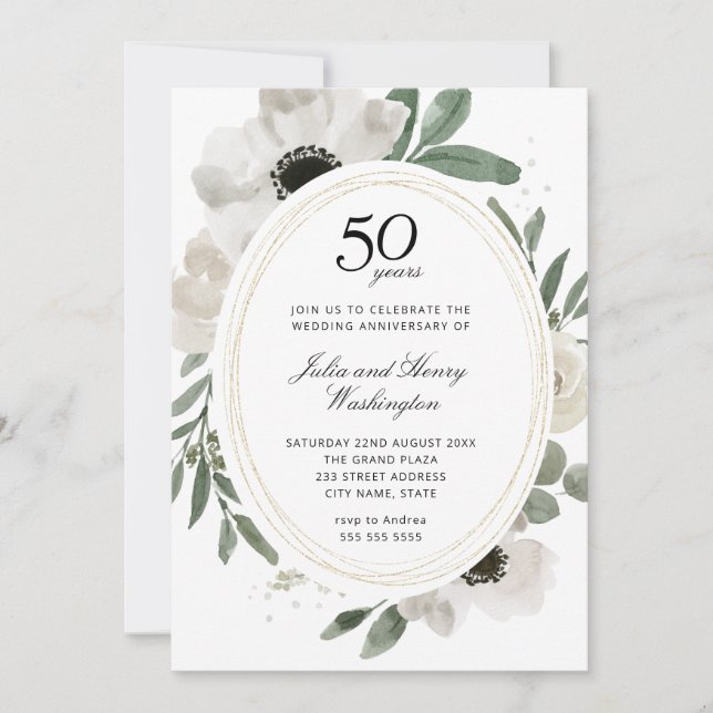 Watercolor Floral Gold Photo 50th Anniversary Invitation (Front)