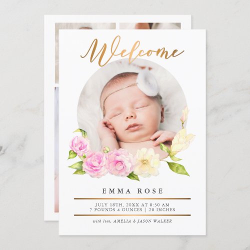 Watercolor Floral Gold Photo Birth Announcement