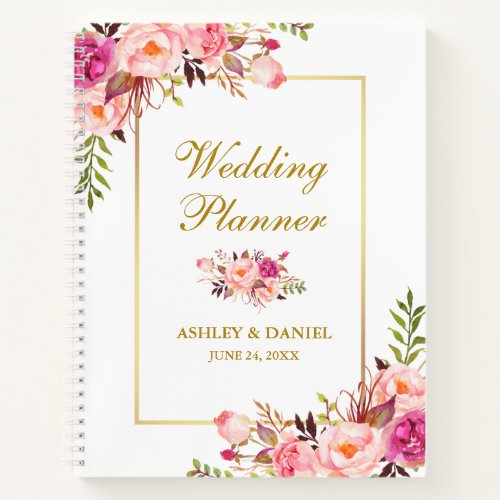 Watercolor Floral Gold Pink Blush Wedding Planner Notebook