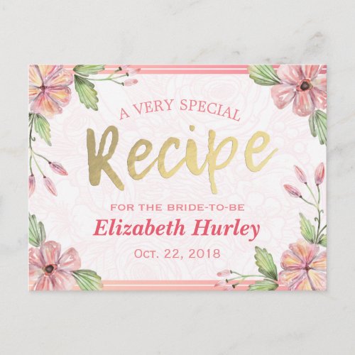 Watercolor Floral Gold Script Bridal Shower Recipe Invitation Postcard