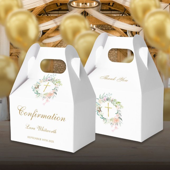 Watercolor Floral Gold Script Confirmation Favor Boxes (Watercolor Floral Gold Script Confirmation Favor Boxes)