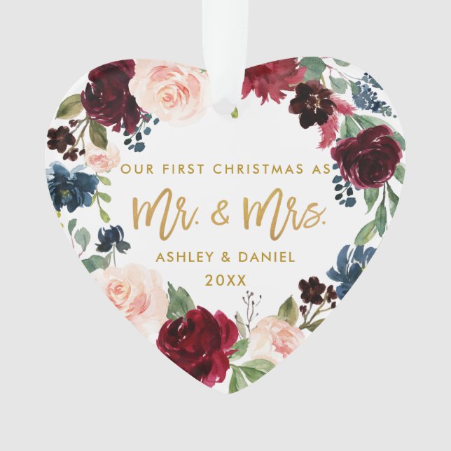 Watercolor Floral Gold Script First Christmas Ornament (Front)