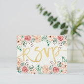 Watercolor Floral & Gold Script Wedding RSVP Reply Invitation Postcard (Standing Front)