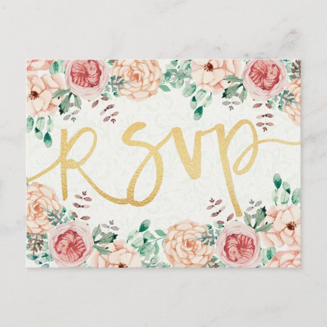 Watercolor Floral & Gold Script Wedding RSVP Reply Invitation Postcard (Front)