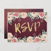 Watercolor Floral & Gold Script Wedding RSVP Reply Invitation Postcard (Front/Back)
