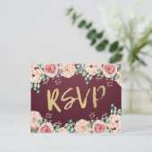 Watercolor Floral & Gold Script Wedding RSVP Reply Invitation Postcard (Standing Front)