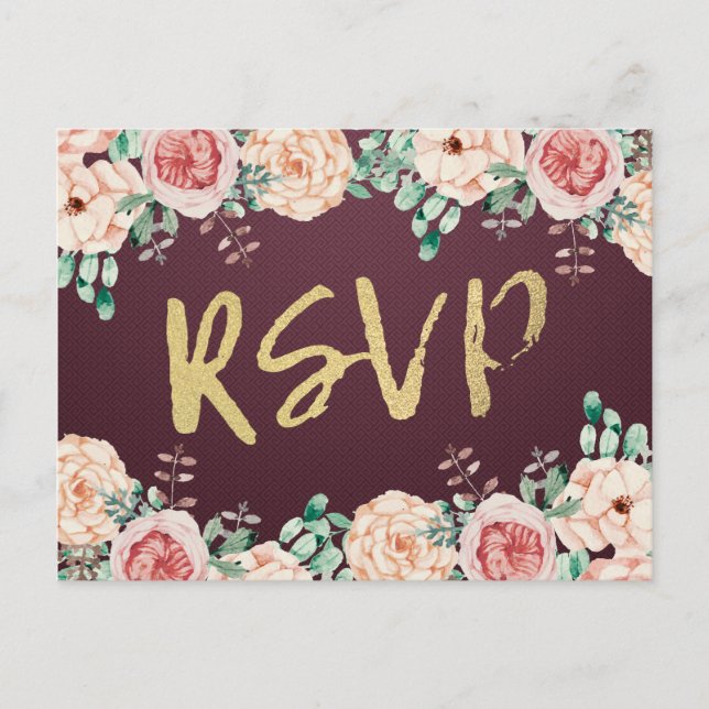 Watercolor Floral & Gold Script Wedding RSVP Reply Invitation Postcard (Front)