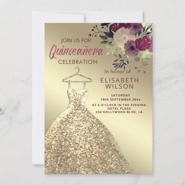 Watercolor Floral gold sequins dress Quinceañera I Invitation (Front)
