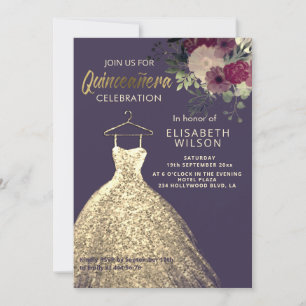 Watercolor Floral gold sequins dress Quinceañera I Invitation