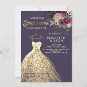 Watercolor Floral Gold Sequins Dress Quinceañera I Invitation by Makidzona at Zazzle