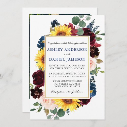 Watercolor Floral Gold Wedding Blue Photo Invitation