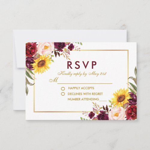 Watercolor Floral Gold Wedding Burgundy RSVP Card