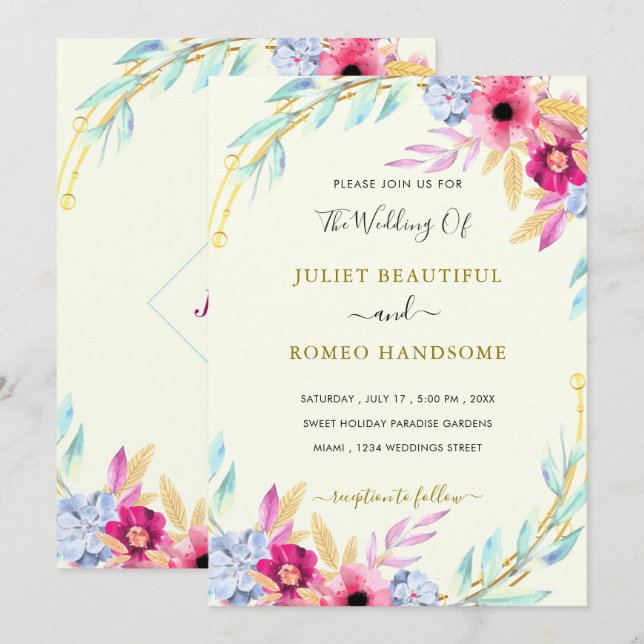 Watercolor Floral Gold Wedding Invitation Template (Front/Back)