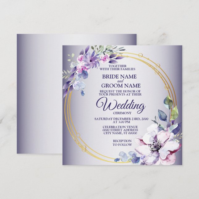 Watercolor Floral Golden Geometric Purple Wedding Invitation (Front/Back)
