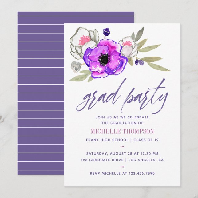 Watercolor floral Graduation Party Invitation (Front/Back)
