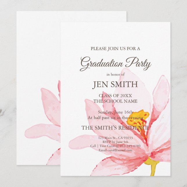 Watercolor Floral Graduation Party Invitation. Invitation (Front/Back)