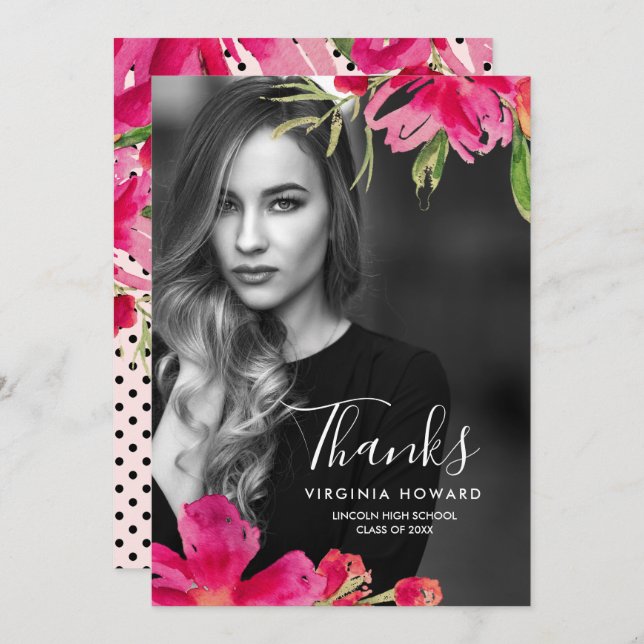 Watercolor Floral Graduation Thank You Photo Card (Front/Back)