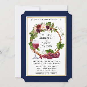 Watercolor Floral Grape Vines Wreath Blue Wedding Invitation