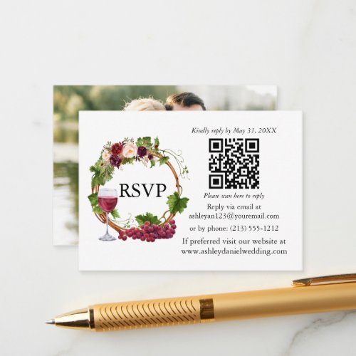 Watercolor Floral Grape Vines Wreath Photo RSVP QR Enclosure Card