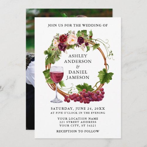 Watercolor Floral Grape Vines Wreath Photo Wedding Invitation
