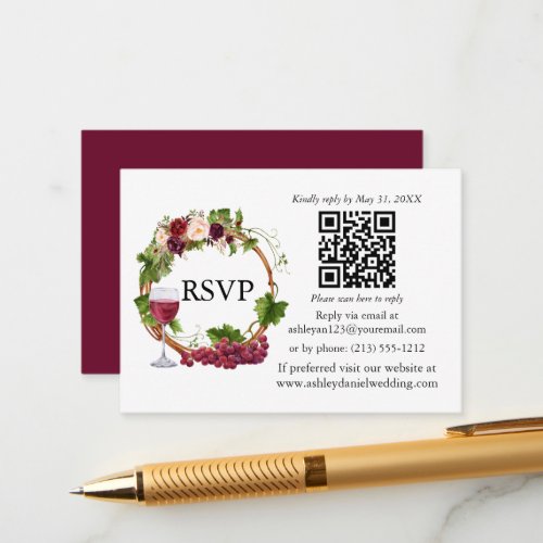 Watercolor Floral Grape Vines Wreath QR RSVP Enclosure Card