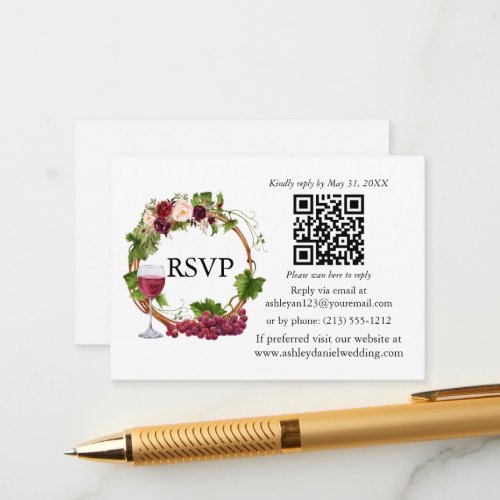Watercolor Floral Grape Vines Wreath RSVP QR Enclosure Card
