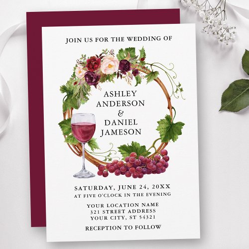 Watercolor Floral Grape Vines Wreath Wedding Invitation