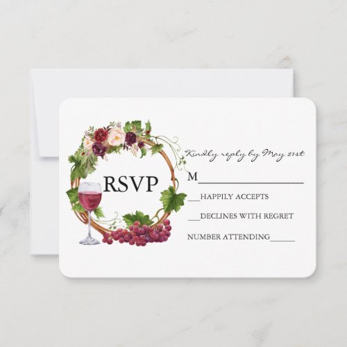 Watercolor Floral Grape Vines Wreath Wedding RSVP Card
