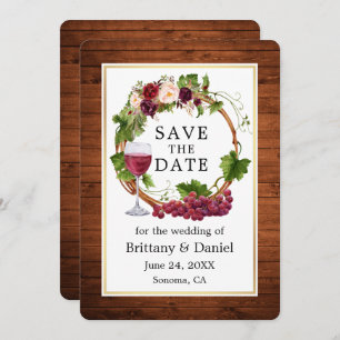 Watercolor Floral Grape Vines Wreath Wood Save The Date