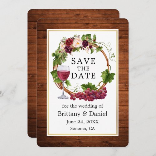 Watercolor Floral Grape Vines Wreath Wood Save The Date