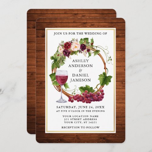 Watercolor Floral Grape Vines Wreath Wood Wedding Invitation