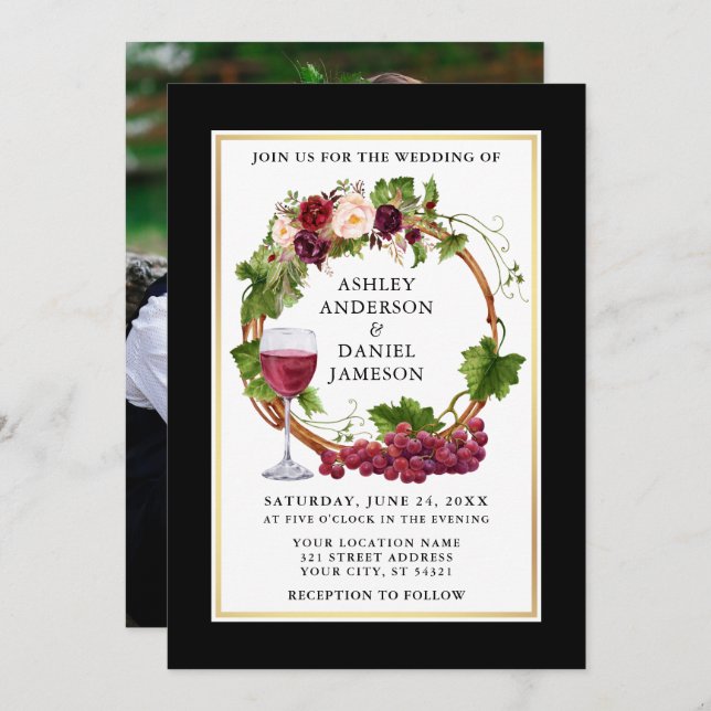 Watercolor Floral Grapes Wreath Black Gold Photo Invitation (Front/Back)