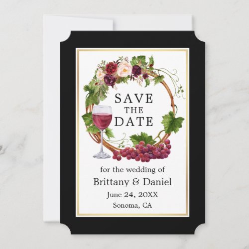 Watercolor Floral Grapes Wreath Black Gold  Save The Date