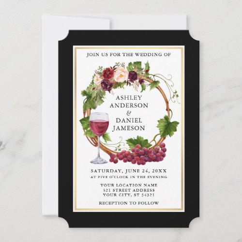 Watercolor Floral Grapes Wreath Black Gold Wedding Invitation