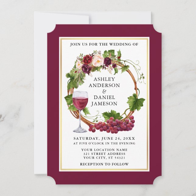 Watercolor Floral Grapes Wreath Burgundy Wedding Invitation (Front)